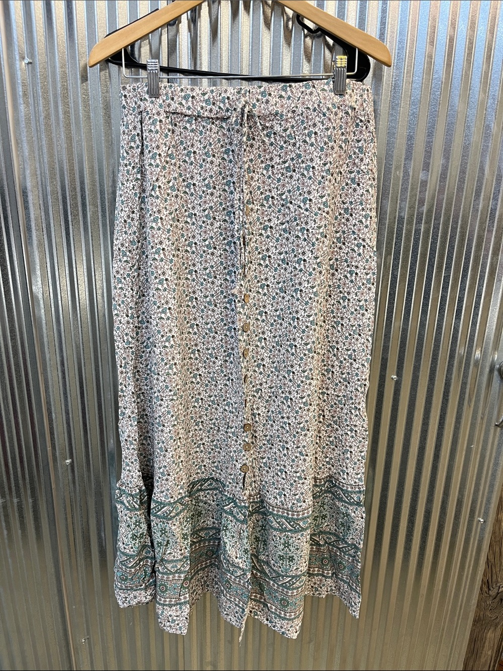 Bohemian Floral Button-Front Maxi Skirt in Teal and Cream